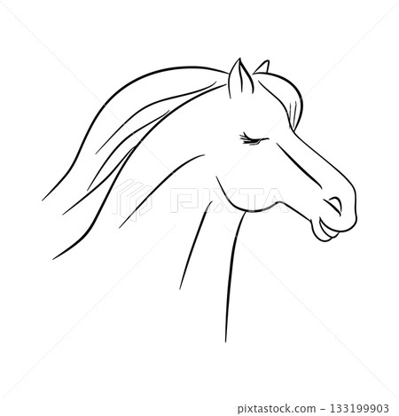 Elegant horse head line art featuring a calm expression and flowing mane. This minimalist vector illustration captures the beauty of equine form. Perfect for designs, prints, and animal-themed content Elegant horse head line art featuring a calm expression and flowing mane. This minimalist vector illustration captures the beauty of equine form. Perfect for designs, prints, and animal-themed content 133199903