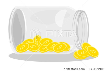 Isometric coins remains of family budget scattered on the table from an open glass jar. Isolated cartoon vector on white background top view Isometric coins remains of family budget scattered on the table from an open glass jar. Isolated cartoon vector on white background top view 133199905