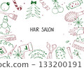 Doodle background frame with hairdressing tools for Merry Christmas and New Year greetings. Vector illustration for hair salon design. 133200191