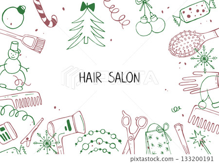Doodle background frame with hairdressing tools for Merry Christmas and New Year greetings. Vector illustration for hair salon design. 133200191
