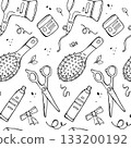 Doodle seamless pattern with hairdressing tools. Simple black and white vector illustration. 133200192