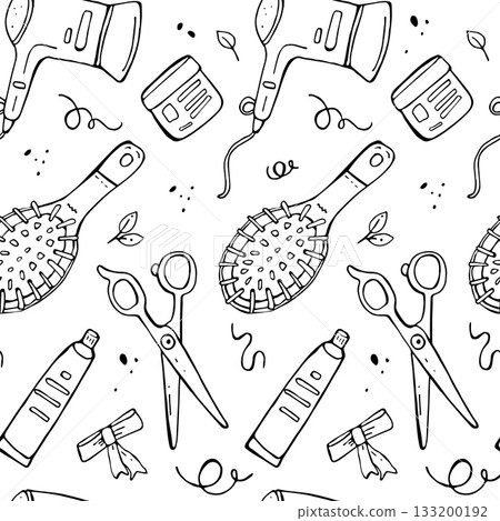 Doodle seamless pattern with hairdressing tools. Simple black and white vector illustration. 133200192