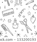 Seamless pattern with doodle elements on the theme of hairdressing tools and Christmas and New Year. Simple vector illustration with comb, scissors, Christmas tree, snowflake. 133200193