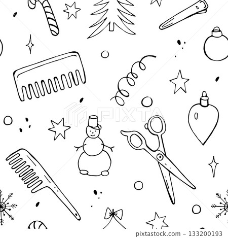 Seamless pattern with doodle elements on the theme of hairdressing tools and Christmas and New Year. Simple vector illustration with comb, scissors, Christmas tree, snowflake. Seamless pattern with doodle elements on the theme of hairdressing tools and Christmas and New Year. Simple vector illustration with comb, scissors, Christmas tree, snowflake. 133200193