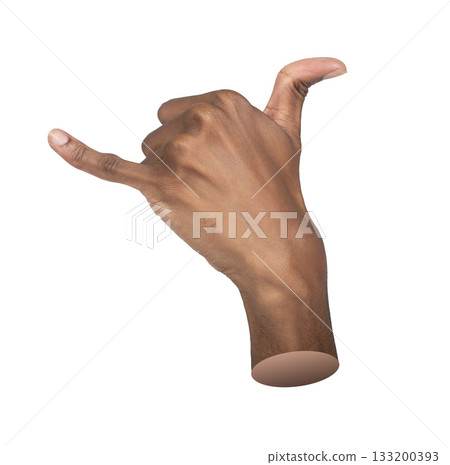 Shaka hand gesture. African man raising thumb and little finger in relaxed pose, symbol of Shaka hand gesture. African man raising thumb and little finger in relaxed pose, symbol of 133200393