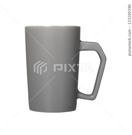 Tall white ceramic mug for hot beverages. Simple and elegant design symbolizing warmth, comfort, and 133200396