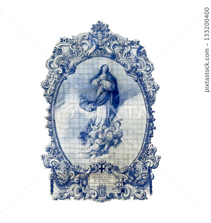 Traditional Portuguese azulejo tile depicting the Virgin Mary. Blue and white ceramic artwork Traditional Portuguese azulejo tile depicting the Virgin Mary. Blue and white ceramic artwork 133200400