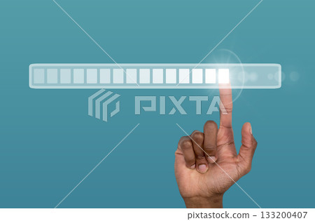 A digital hand interacts with a glowing loading bar, symbolizing technological progress, innovation, A digital hand interacts with a glowing loading bar, symbolizing technological progress, innovation, 133200407