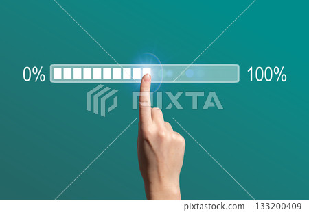 A glowing digital loading bar reaching 100 percent symbolizes completion, technological efficiency, A glowing digital loading bar reaching 100 percent symbolizes completion, technological efficiency, 133200409