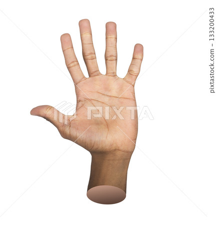 Hi hand gesture. African man waving with open palm, friendly and confident expression symbolizing 133200433