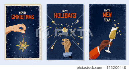 Vintage Christmas and New Year Card Set with Festive Hands and Sparkles 133200448