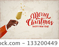 Festive Christmas and New Year Banner with Champagne Toast and Retro Lettering 133200449