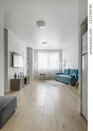 Bright Modern Living Room with Blue Sofa and TV Bright Modern Living Room with Blue Sofa and TV 133200540