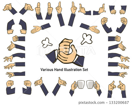 一組各式各樣的手部插圖。身著西裝的商人。握拳、指點、豎起大拇指等等。 133200687
