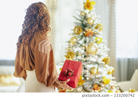 Elegant Woman with Festive Red Gift, Back View Elegant Woman with Festive Red Gift, Back View 133200742