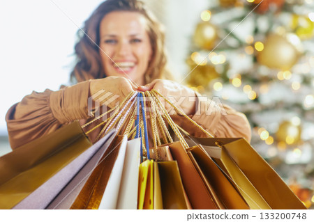 Joyful Woman Holding Christmas Shopping Bags Joyful Woman Holding Christmas Shopping Bags 133200748
