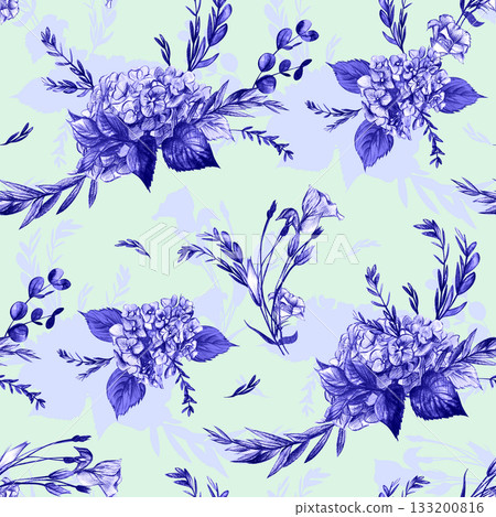 Seamless pattern with hydrangea and herb flowers in blue monochrome 133200816