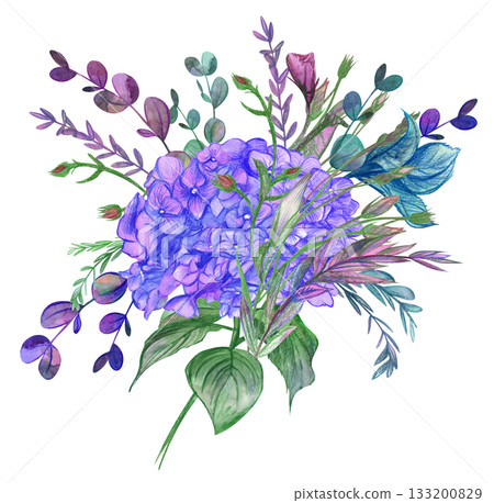 Bouquet with Hydrangea flower in purple hues painted in watercolor in vintage style for cards 133200829