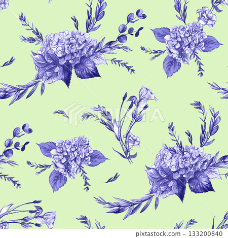 Vintage seamless pattern with hydrangea flowers and eustoma branches on a green backgroun Vintage seamless pattern with hydrangea flowers and eustoma branches on a green backgroun 133200840