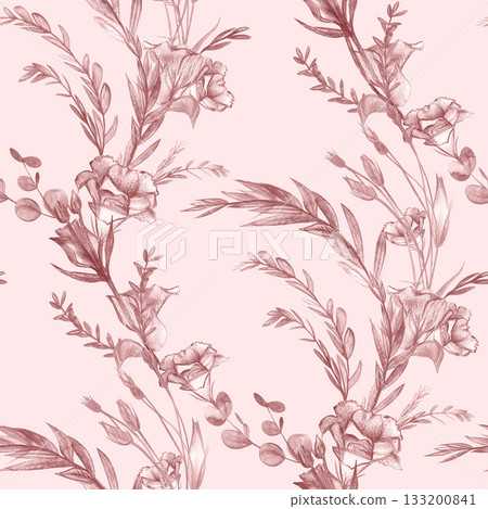 Floral monochrome pattern in pastel colors with vintage hydrangea bouquet Floral monochrome pattern in pastel colors with vintage hydrangea bouquet 133200841