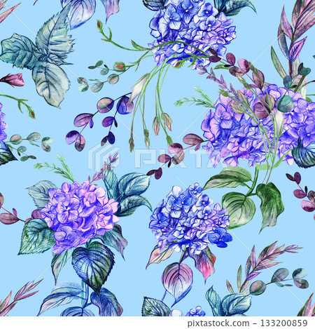 Vintage watercolor seamless pattern with hydrangea flowers on a blue background Vintage watercolor seamless pattern with hydrangea flowers on a blue background 133200859