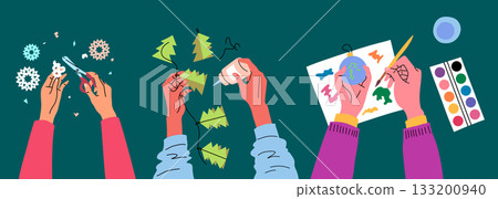 Cartoon Color Hand Making Accessories Christmas Workshop Concept Flat Design Style with Elements Thin Line. Vector illustration 133200940