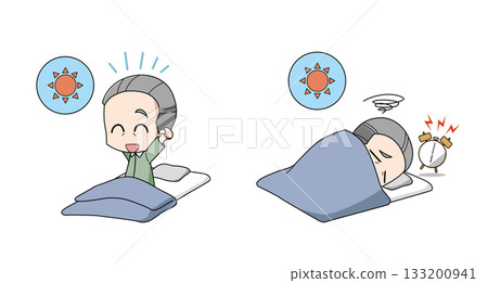 一組描繪老年男性醒來時身體狀況良好的和醒來時身體狀況不佳的插圖 133200941