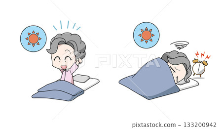 一組描繪老年女性醒來時狀態良好和醒來時狀態不佳的插圖 133200942