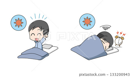 一組描繪醒來時狀態良好的人和醒來時狀態不佳的人的插圖 133200943