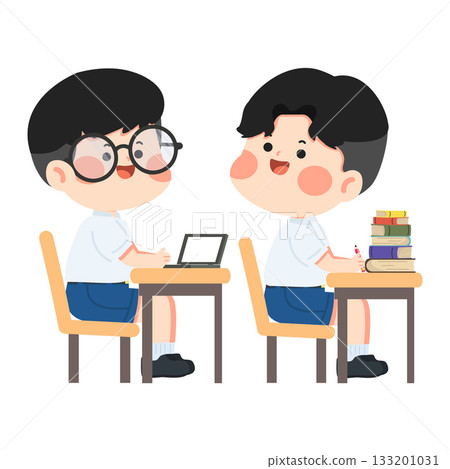 Cartoon Boys Studying Talking at Desks Cartoon Boys Studying Talking at Desks 133201031