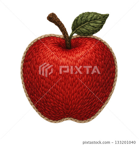 Charming red apple embroidered patch, piece of handmade sewing craft. This detailed thread and textile badge shows realistic and wholesome art for decoration 133201040