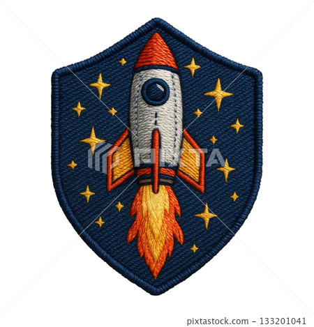 Adventurous rocket embroidered patch space badge design with vibrant thread. Realistic textile texture and detailed stitching show cool retro spaceship emblem on shield 133201041