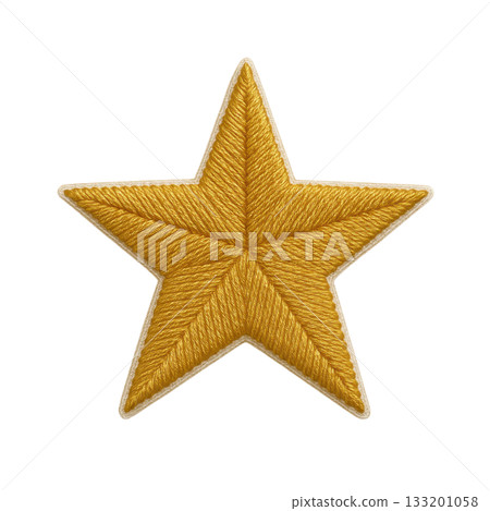 Golden embroidered star patch, festive christmas badge and holiday symbol. This beautiful decoration made with golden thread feels celebratory and honorable 133201058