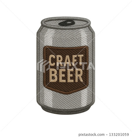 Cool craft beer can embroidered patch design. This modern brewery emblem has metallic thread texture, perfect for any apparel. Isolated object showing detail 133201059