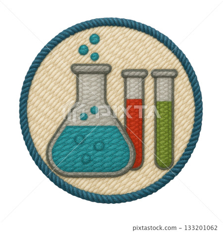 Colorful embroidered patch of chemistry flask and test tubes. This stitched science education icon represents curiosity and discovery in laboratory with intricate detail 133201062