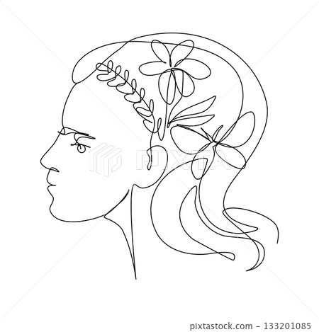 Girl face in continuous line drawing. Sketchy woman portrait. Outline simple artwork with editable stroke. Girl face in continuous line drawing. Sketchy woman portrait. Outline simple artwork with editable stroke. 133201085