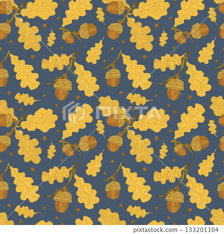 Seamless pattern of a yellow oak leaves and acorns on a dark blue background. Seamless pattern of a yellow oak leaves and acorns on a dark blue background. 133201104