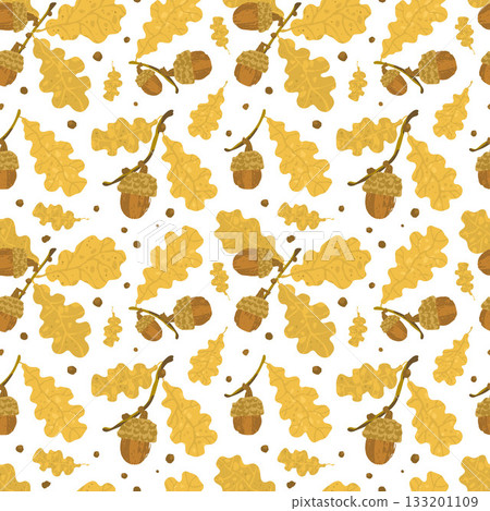 Seamless pattern of a yellow oak leaves and acorns on a white background. Seamless pattern of a yellow oak leaves and acorns on a white background. 133201109