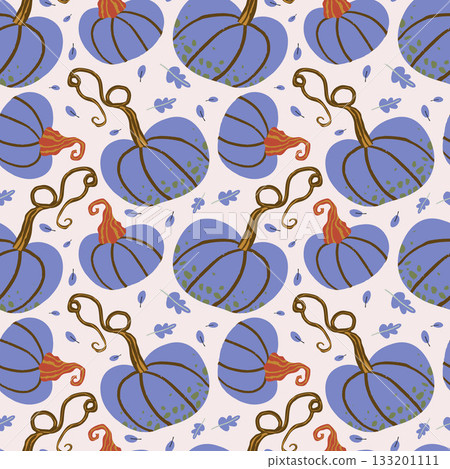 Seamless pattern of blue pumpkins with orange leaves and stems on a beige background. Seamless pattern of blue pumpkins with orange leaves and stems on a beige background. 133201111
