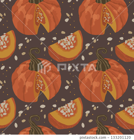 Seamless pattern of pumpkins and pieces of pumpkin and pumpkin seeds on a brown background. 133201120