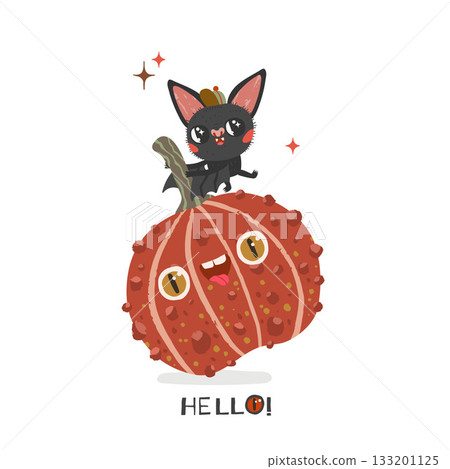 Cute bat is on top of a pumpkin. The pumpkin is orange and has a lot of bumps and quote Hello under the image. Cute bat is on top of a pumpkin. The pumpkin is orange and has a lot of bumps and quote Hello under the image. 133201125