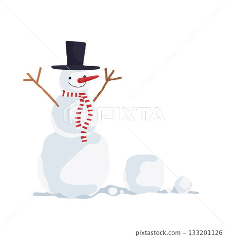 Snowman with a red and white scarf and a black on a white background. Snowman with a red and white scarf and a black on a white background. 133201126