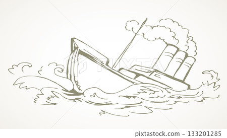 Shipwreck in the waves. Vector drawing 133201285