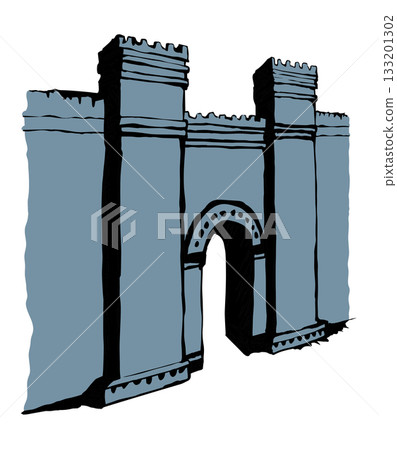 Babylonian Gate. Vector drawing scene Babylonian Gate. Vector drawing scene 133201302