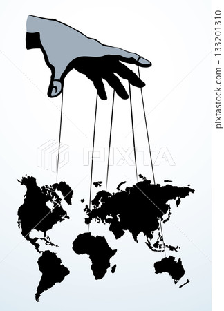 Man hand with a World map. Continents with contours of countries. Vector drawing Man hand with a World map. Continents with contours of countries. Vector drawing 133201310