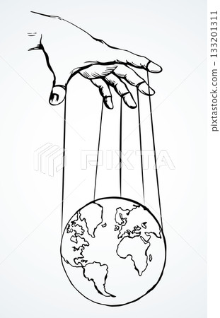 Man hand with a World map. Vector drawing concept Man hand with a World map. Vector drawing concept 133201311