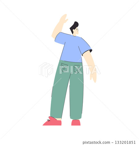 Smiling Guy Standing and Wave Hand Greeting Somebody Vector Illustration 133201851