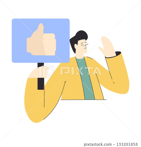 Young Man Holding Thumb Up Placard on Pole Vector Illustration 133201858