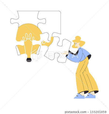 Woman Hold Big Jigsaw Puzzle Connecting Element Together Vector Illustration 133201859