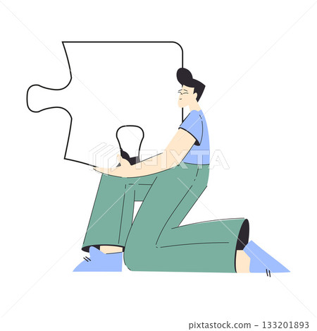 Man Hold Big Jigsaw Puzzle Connecting Element Together Vector Illustration 133201893